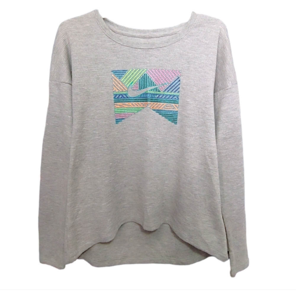 Nike Waffle Knit Gray Long Sleeve Colorful Graphic Top Girls Size Extra Large XL - Picture 7 of 7